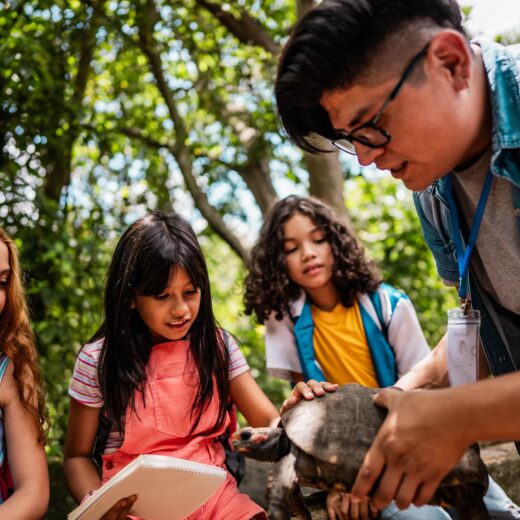 Kids holding a turtle.